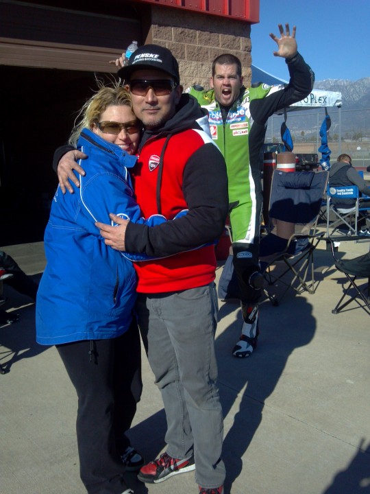 Getting a warm hug (literally! It was freezing!) from my awesome pal from the Pacific Northwest - Mike Castro of FuziMoto.  He helped me with some significant work on my bike over the course of the weekend.  He builds engines, and specializes in Ducati's.  He came down with the PNW crew, as seen by the photo bomb of the Green Machine Steve Kidd!!  Thank you Washington crew for your immense help over the weekend!