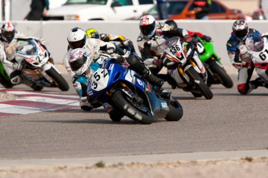 Exiting turn one in 3rd place!!!  Killer start during the first start of Open (A) Superstock... the restart wasn't quite as awesome; but still ran strong! (Studio819 photo)
